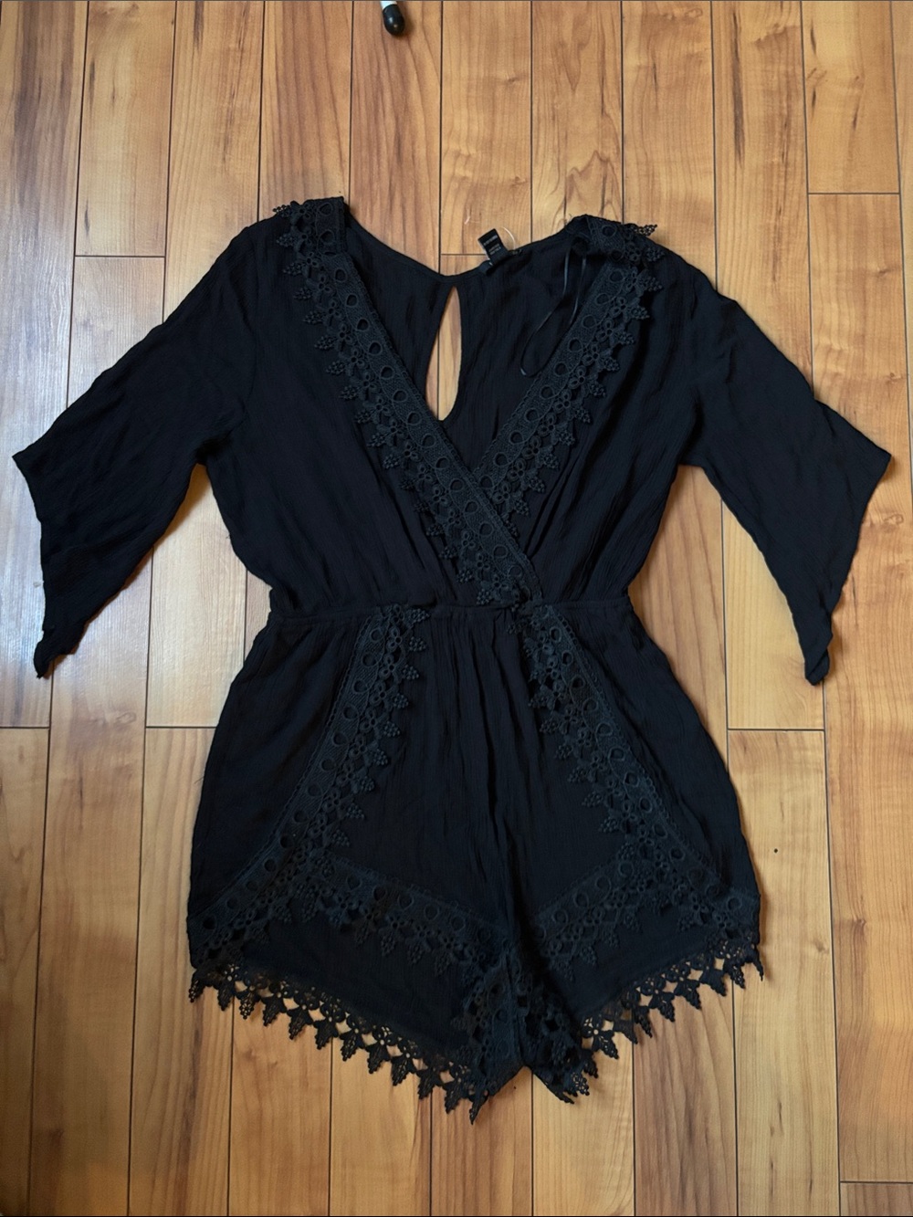 Black Lace-Trim Surplice Skort Romper